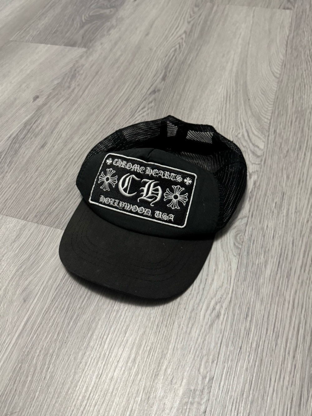 Chrome Hearts Black Mesh Trucker Hat with White Patch